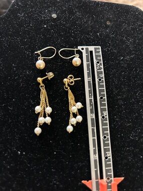 Gold tone Chain Tassel Earrings with White Pearls - Women Jewelry